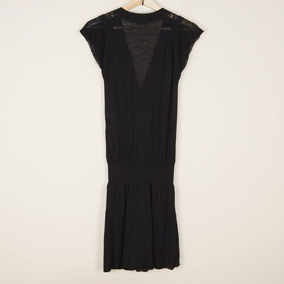 Sandro Black Linen Blend Knit Drawstring Waist V Neck Dress Womens Sz 1 US S - Picture 4 of 11